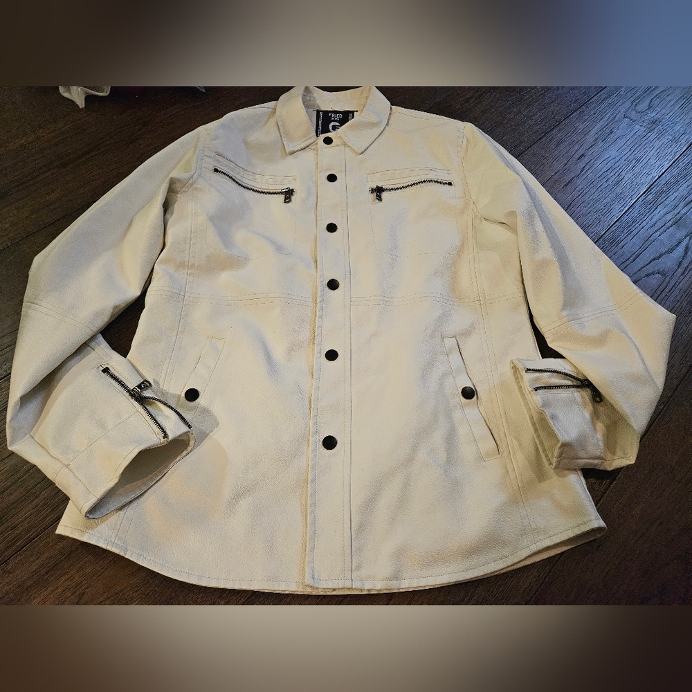 Fried Denim Faux Leather Jacket White Men's Size Medium Used Condition Zippers. - Picture 1 of 14